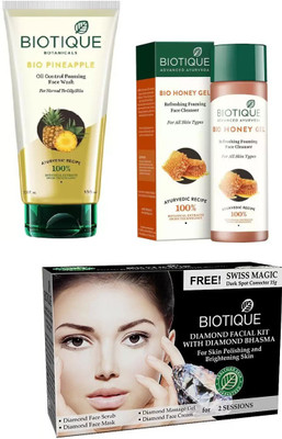 

BIOTIQUE BIO Bio Pineapple Oil Control Foaming Face wash, Bio Honey Gel Refreshing Foaming Face Cleanser For All Skin Types, Bio Diamond Facial Kit(Set of 3)