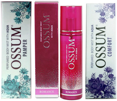 

OSSUM COMFORT PERFUMED BODY MIST 115 ML+ROMANCE PERFUMED BODY MIST 115 ML+PAMPER PERFUMED BODY MIST 115 ML Deodorant Spray - For Men & Women(345 ml, Pack of 3)