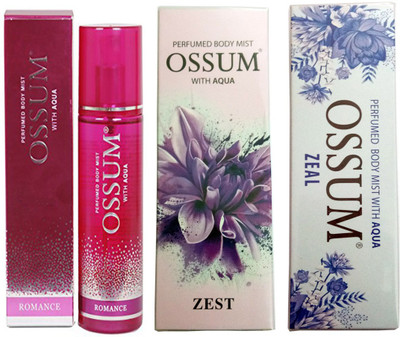 

OSSUM ZEAL PERFUMED BODY MIST 115 ML+ ROMANCE PERFUMED BODY MIST 115 ML+ZEST PERFUMED BODY MIST 115 ML Deodorant Spray - For Men & Women(115 ml, Pack of 3)