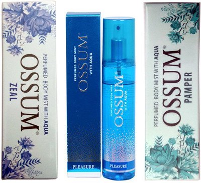 

OSSUM PAMPER PERFUMED BODY MIST 115 ML+ PLEASURE PERFUMED BODY MIST 115 ML+ZEAL PERFUMED BODY MIST 115 ML Deodorant Spray - For Men & Women(115 ml, Pack of 3)