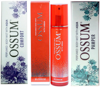 

OSSUM COMFORT PERFUMED BODY MIST 115 ML+BLOSSOM PERFUMED BODY MIST 115 ML+PAMPER PERFUMED BODY MIST 115 ML Deodorant Spray - For Men & Women(115 ml, Pack of 3)