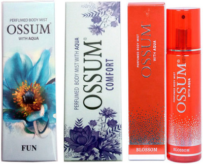 

OSSUM FUN PERFUMED BODY MIST 115 ML+BLOSSOM PERFUMED BODY MIST 115 ML+COMFORT PERFUMED BODY MIST 115 ML Deodorant Spray - For Men & Women(115 ml, Pack of 3)