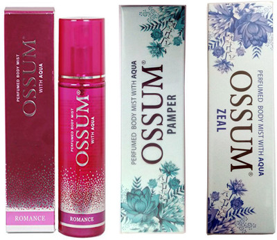 

OSSUM PAMPER PERFUMED BODY MIST 115 ML+ ROMANCE PERFUMED BODY MIST 115 ML+ ZEAL PERFUMED BODY MIST 115 ML Deodorant Spray - For Men & Women(115 ml, Pack of 3)
