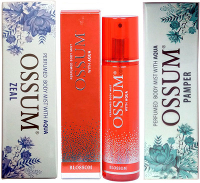 

OSSUM ZEAL PERFUMED BODY MIST 115 ML+ BLOSSOM PERFUMED BODY MIST 115 ML+ ZEST PERFUMED BODY MIST 115 ML Deodorant Spray - For Men & Women(115 ml, Pack of 3)