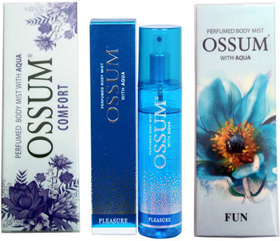

OSSUM FUN PERFUMED BODY MIST 115 ML+PLEASURE PERFUMED BODY MIST 115 ML+COMFORT PERFUMED BODY MIST 115 ML Deodorant Spray - For Men & Women(115 ml, Pack of 3)
