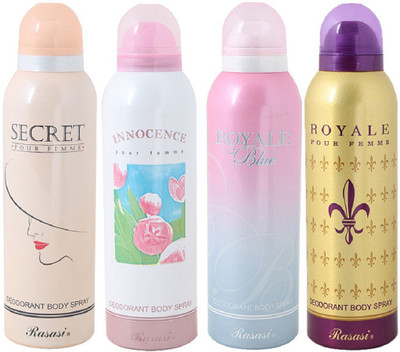 

Rasasi Secret, Innocence, Royale Blue & Royale Pour homme Deodorant (Pack of 4) Body Spray - For Women(800 ml, Pack of 4)
