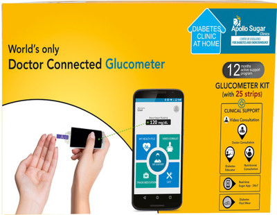 

apollo sugar Diabetes Premium Home Care Kit with Connected Glucometer, 25 test strips, Doctor Consultation, & Diabetes Support Services Glucometer(White)