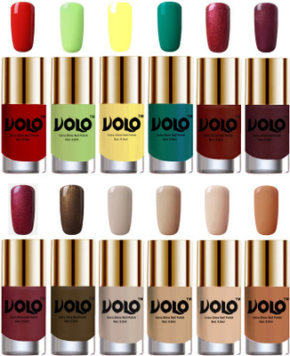 

Volo Luxury Super Shine Nail Polish Set of 12 Vibrant Shades Reddish Orange, Parrot Green, Yellow, Radium Green, Lava Lust, Shimmer Coffee, Metallic Red, Gold, Metallic Coffee, Nude Tude(Pack of 12)