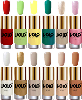 

Volo Luxury Super Shine Nail Polish Set of 12 Vibrant Shades Reddish Orange, Parrot Green, Yellow, Radium Green, Chrome Rust, Metallic Pink, Pearly White Chrome, Golden, Nude Tude(Pack of 12)