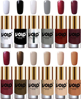 

Volo Luxury Super Shine Nail Polish Set of 12 Vibrant Shades Matte White, Black, Extra Shine Top Coat, Grey, Lava Lust, Shimmer Coffee, Metallic Red, Gold, Metallic Coffee, Nude Tude(Pack of 12)