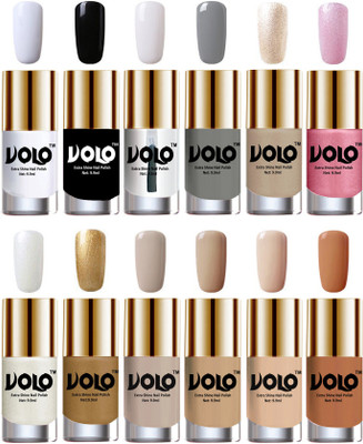 

Volo Luxury Super Shine Nail Polish Set of 12 Vibrant Shades Matte White, Black, Extra Shine Top Coat, Grey, Chrome Rust, Metallic Pink, Pearly White Chrome, Golden, Nude Tude(Pack of 12)