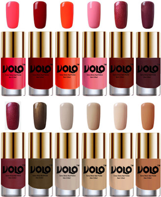 

Volo Luxury Super Shine Nail Polish Set of 12 Vibrant Shades Carrot Red, Red, Coral, Light Pink, Lava Lust, Shimmer Coffee, Metallic Red, Gold, Metallic Coffee, Nude Tude(Pack of 12)
