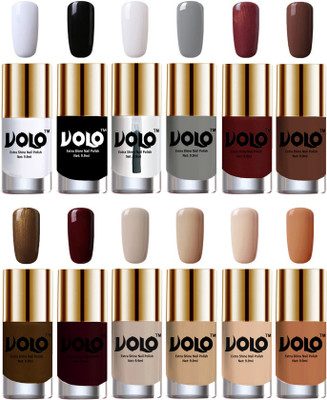 

Volo Luxury Super Shine Nail Polish Set of 12 Vibrant Shades Matte White, Black, Extra Shine Top Coat, Grey, Metallic Maroon, Chocolate Brown, Brown Coffee, Maroon, Nude Tude(Pack of 12)