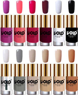 

Volo Luxury Super Shine Nail Polish Set of 12 Vibrant Shades Bright Plum, Pink Mania, Moon Magenta, Wine, Matte White, Black, Extra Shine Top Coat, Grey, Nude Tude(Pack of 12)