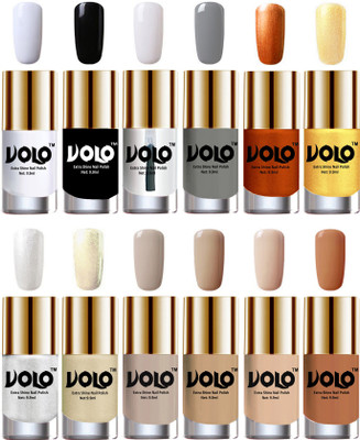 

Volo Luxury Super Shine Nail Polish Set of 12 Vibrant Shades Matte White, Black, Extra Shine Top Coat, Grey, Red Gold, Golden, Metallic Silver, Light Golden, Nude Tude(Pack of 12)