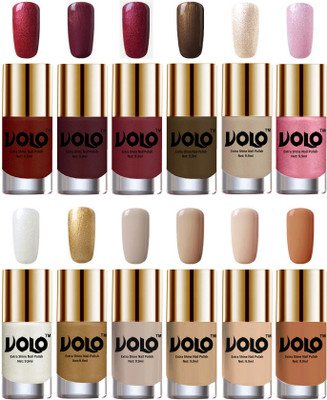 

Volo Luxury Super Shine Nail Polish Set of 12 Vibrant Shades Lava Lust, Shimmer Coffee, Metallic Red, Gold, Metallic Coffee, Chrome Rust, Metallic Pink, Pearly White Chrome, Golden, Nude Tude(Pack of 12)