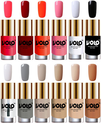 

Volo Luxury Super Shine Nail Polish Set of 12 Vibrant Shades Carrot Red, Red, Coral, Light Pink, Matte White, Black, Extra Shine Top Coat, Grey, Nude Tude(Pack of 12)