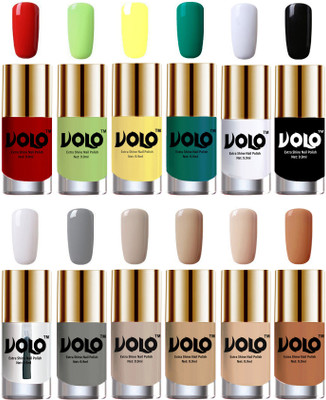 

Volo Luxury Super Shine Nail Polish Set of 12 Vibrant Shades Reddish Orange, Parrot Green, Yellow, Radium Green, Matte White, Black, Extra Shine Top Coat, Grey, Nude Tude(Pack of 12)