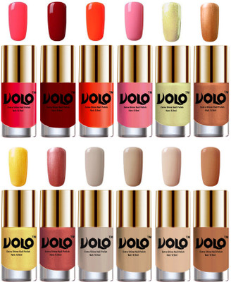 

Volo Luxury Super Shine Nail Polish Set of 12 Vibrant Shades Carrot Red, Red, Coral, Light Pink, Chrome Olive Green, Bronze Magnetic, Gold Chrome, Hot Lava, Nude Tude(Pack of 12)