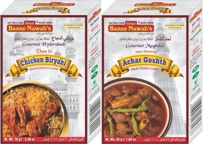 

Ustad Banne Nawab's CHICKEN BIRYANI & ACHARI GOSHTH ( SPICE BLEND FOR CHICKEN AND RICE CASSEROLE & MEAT PICKLE CURRY ) - 2 PACK(2 x 57.5 g)