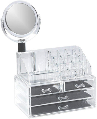 

Lemish Clear Acrylic Make Up Cosmetic display Stand and organizer rack, holders can be used for make up brush sets, jewelery, arts and craft With Mirror make up, Jewellery Vanity Box(clear)