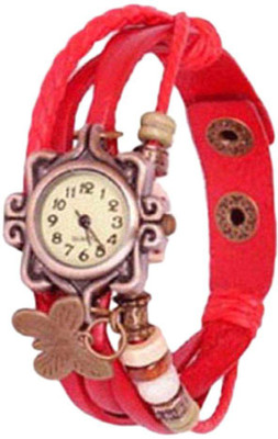 

Mettle Fancy Red Leather Hand Knit Vintage Watches Dress bracelet Women Girls Ladies clover Pendant Retro.1801-Red004 Watch - For Girls