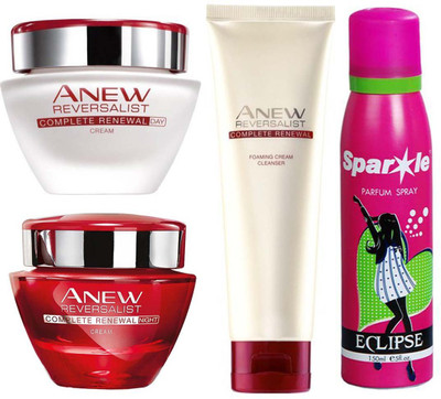 

Avon Anew Reversalist Complete Renewal Day Cream (50 ml) & one Reversalist Night Renewal Cream (50 g) & one Reversalist Complete Renewal Foaming Cream Cleanser (125 ml) with one do it perfume 30 ml(Set of 4)