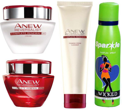 

Avon Anew Reversalist Complete Renewal Day Cream (50 ml) & one Reversalist Night Renewal Cream (50 g) & one Reversalist Complete Renewal Foaming Cream Cleanser (125 ml) With one sparkle perfume spray 150 ml(Set of 4)