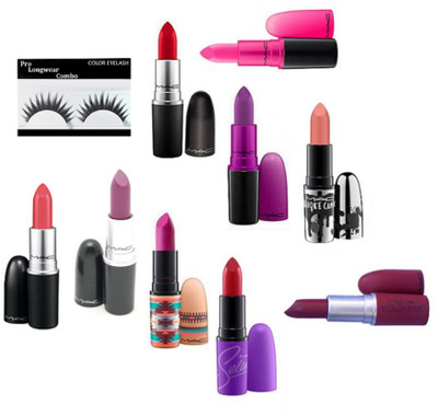 

Pro long wear combo Eyelashes,Mac Matte Finish Rouge A' Levres Lipstick Multi Shades Set Of 9(Set of 10)