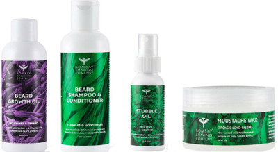 

Bombay Shaving Company Beard Growth Oil(90ml),Mynt scented shampoo & conditioner(100ml),Thyme Infused Stubble Hair Oil (45 ml) & mynt scented moustache wax(50gm) combo(Set of 4)