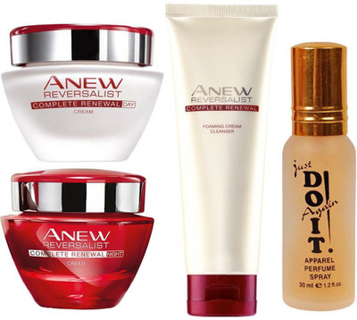 

Avon Anew Reversalist Complete Renewal Day Cream (50 ml) & one Reversalist Night Renewal Cream (50 g) & one Reversalist Complete Renewal Foaming Cream Cleanser (125 ml) With one sparkle perfume spray 150 ml(Set of 4)