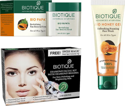 

BIOTIQUE BIO Bio Papaya Revitalizing Tan Removal Scrub, Bio Diamond Facial Kit, Bio Honey Gel Refreshing Foaming Face Wash(Set of 3)