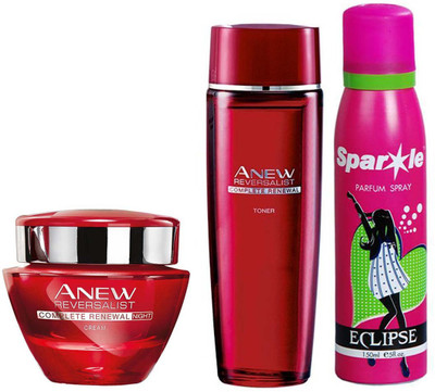 

Avon Anew Reversalist Night Renewal Cream (50 g) & one Reversalist Complete Renewal Toner (50g) With one sparkle perfume spray 150 ml(Set of 3)