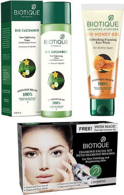 

BIOTIQUE BIO Bio Cucumber Pore Tightening Toner, Bio Honey Gel Refreshing Foaming Face Wash, Bio Diamond Facial Kit(Set of 3)