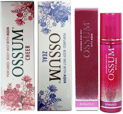

OSSUM CHEER PERFUMED BODY MIST 115 ML+ROMANCE PERFUMED BODY MIST 115 ML+ZEAL PERFUMED BODY MIST 115 ML Deodorant Spray - For Men & Women(115 ml, Pack of 3)