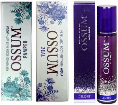 

OSSUM PAMPER PERFUMED BODY MIST 115 ML+ DELIGHT PERFUMED BODY MIST 115 ML+ ZEAL PERFUMED BODY MIST 115 ML Deodorant Spray - For Men & Women(115 ml, Pack of 3)
