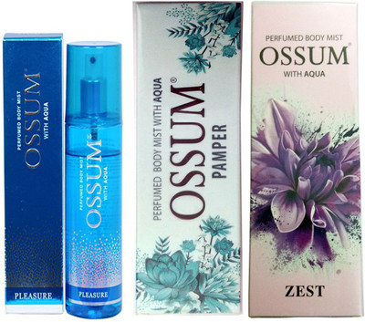

OSSUM PAMPER PERFUMED BODY MIST 115 ML+PLEASURE PERFUMED BODY MIST 115 ML+ZEST PERFUMED BODY MIST 115 ML Deodorant Spray - For Men & Women(115 ml, Pack of 3)