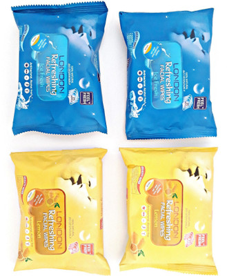 LONDON Refreshing FACIAL WIPES 100% NATURAL, HYGENIC & REFRESHING PACK OF 4 [ 2 ICE FRESH + 2 LEMON ] 25 WET WIPES PER PACK(Pack of 25)