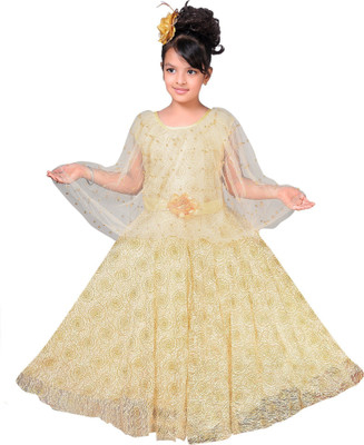 SKY HEIGHTS Girls Maxi/Full Length Party Dress(Beige, Sleeveless)