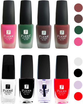 

Flickr Velvet Matte Nail Polish + Glossy Nail Polish Combo (4+4) Black,White Top Coat,Red,Pink,Green,Maroon,Reddish Maroon(Pack of 8)