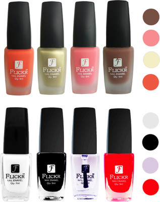 

Flickr Velvet Matte Nail Polish + Glossy Nail Polish Combo (4+4) Black,White Top Coat,Red,Orange,Golden,Peach,Brown(Pack of 8)