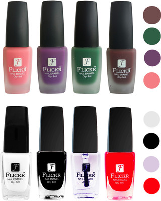 

Flickr Velvet Matte Nail Polish + Glossy Nail Polish Combo (4+4) Black,White Top Coat,Red,Peach,Purple,Green,Maroon(Pack of 8)