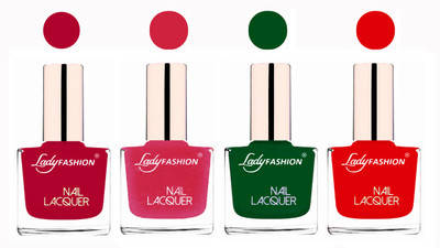 

Lady Fashion Ultra High Shine Long Stay Nail Polish Pink,Mettalic Pink,Dark Green,Bright Red(Pack of 4)