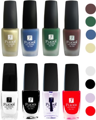 

Flickr Velvet Matte Nail Polish + Glossy Nail Polish Combo (4+4) Black,White Top Coat,Red,Golden,Blue,Green,Maroon(Pack of 8)