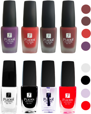 

Flickr Velvet Matte Nail Polish + Glossy Nail Polish Combo (4+4) Black,White Top Coat,Red,Purple,Red,Maroon,Reddish Maroon(Pack of 8)
