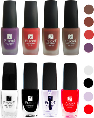 

Flickr Velvet Matte Nail Polish + Glossy Nail Polish Combo (4+4) Black,White Top Coat,Red,Purple,Red,Nude,Brown(Pack of 8)