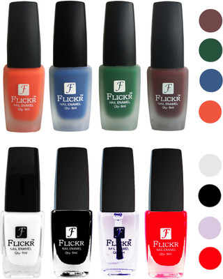 

Flickr Velvet Matte Nail Polish + Glossy Nail Polish Combo (4+4) Black,White Top Coat,Red,Orange,Blue,Green,Maroon(Pack of 8)