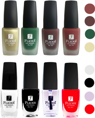 

Flickr Velvet Matte Nail Polish + Glossy Nail Polish Combo (4+4) Black,White Top Coat,Red,Golden,Green,Maroon,Reddish Maroon(Pack of 8)