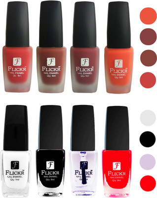 

Flickr Velvet Matte Nail Polish + Glossy Nail Polish Combo (4+4) Black,White Top Coat,Red,Red,Nude,Reddish Maroon,Orange(Pack of 8)