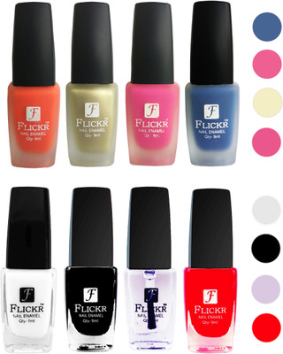 

Flickr Velvet Matte Nail Polish + Glossy Nail Polish Combo (4+4) Black,White Top Coat,Red,Orange,Golden,Pink,Blue(Pack of 8)
